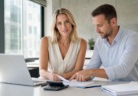 Zwei erwachsene Berufspersonen prüfen gemeinsam eine Lohnabrechnung in einem hellen Büro