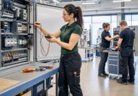 Erwachsene Technikerin arbeitet in einer modernen Ausbildungswerkstatt an einer elektrischen Anlage