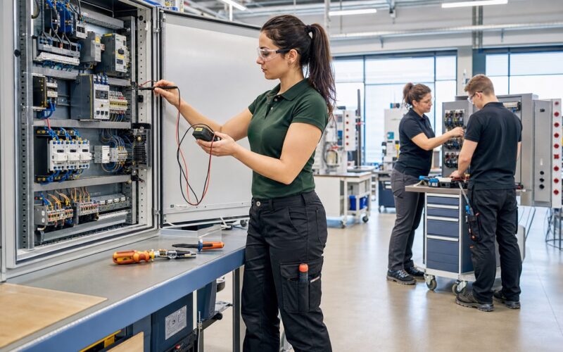 Erwachsene Technikerin arbeitet in einer modernen Ausbildungswerkstatt an einer elektrischen Anlage