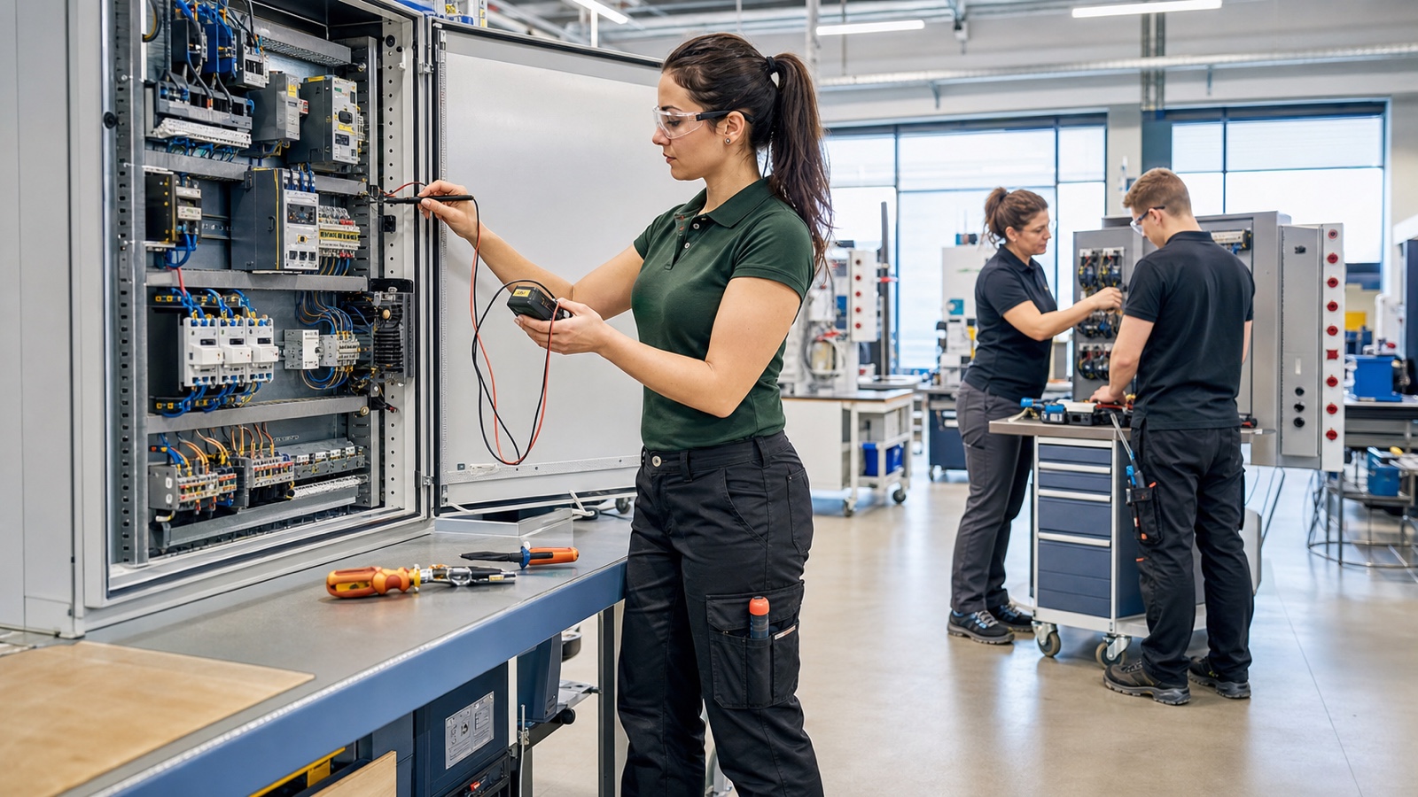Erwachsene Technikerin arbeitet in einer modernen Ausbildungswerkstatt an einer elektrischen Anlage