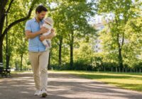 Erwachsener Vater genießt mit seinem Baby den Papamonat im sommerlichen Park