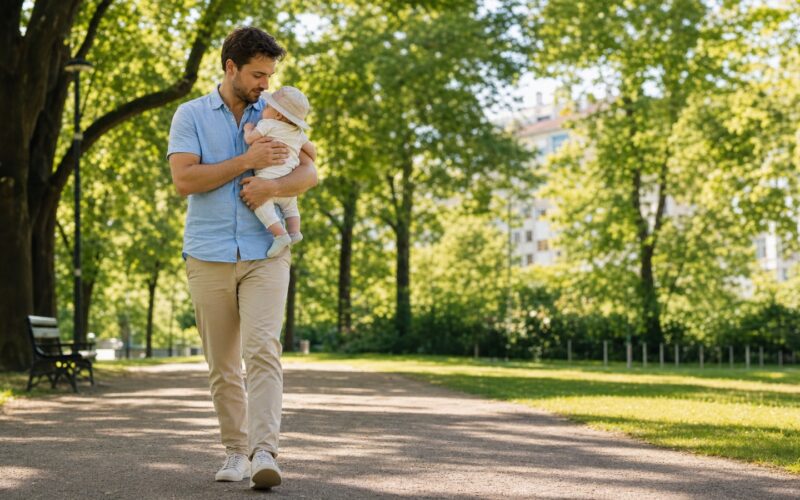 Erwachsener Vater genießt mit seinem Baby den Papamonat im sommerlichen Park