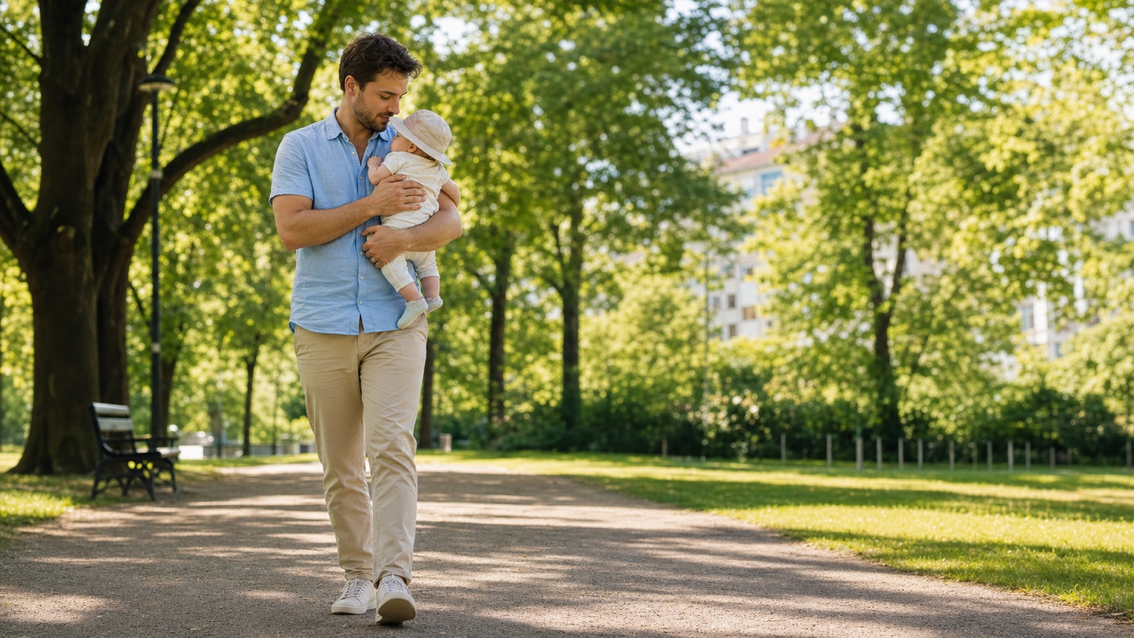 Erwachsener Vater genießt mit seinem Baby den Papamonat im sommerlichen Park