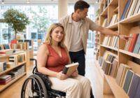 Erwachsene Rollstuhlfahrerin wird an einem barrierefreien Arbeitsplatz von einem Jobcoach begleitet