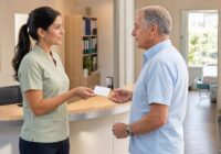 Ordinationsassistentin betreut im Sommer einen Patienten am hellen Empfang einer österreichischen Arztpraxis