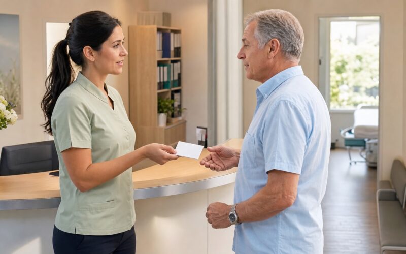 Ordinationsassistentin betreut im Sommer einen Patienten am hellen Empfang einer österreichischen Arztpraxis