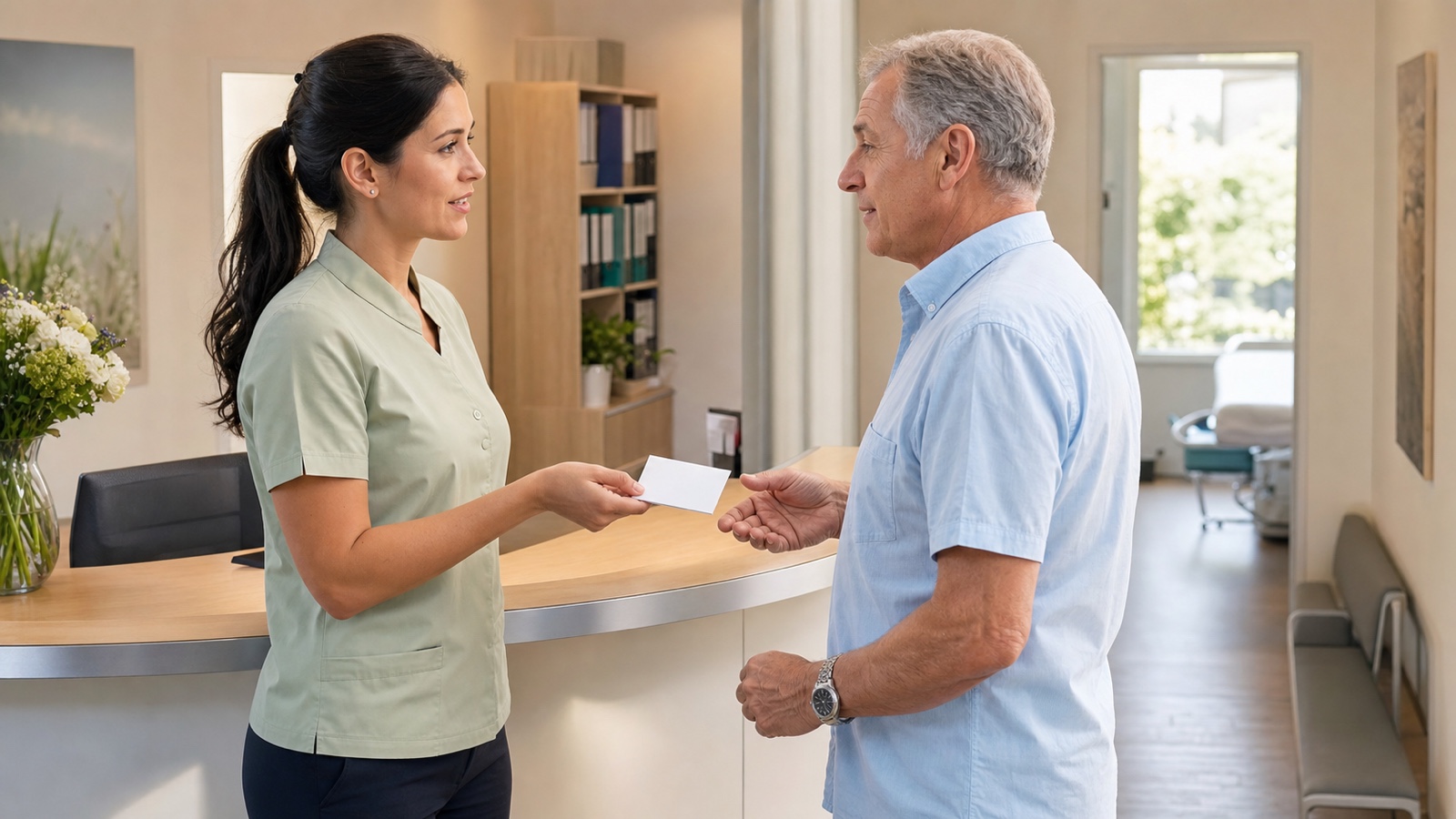 Ordinationsassistentin betreut im Sommer einen Patienten am hellen Empfang einer österreichischen Arztpraxis
