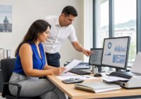 Erwachsene Buchhaltungsfachkräfte prüfen in einem sommerlich hellen österreichischen Büro digitale Belege und KI-gestützte Buchungsvorschläge