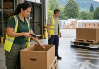 Erwachsene Logistikfachkräfte prüfen in einem sommerlichen österreichischen Verteilzentrum einen KI-gestützten Lagerablauf