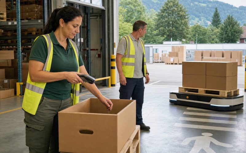 Erwachsene Logistikfachkräfte prüfen in einem sommerlichen österreichischen Verteilzentrum einen KI-gestützten Lagerablauf