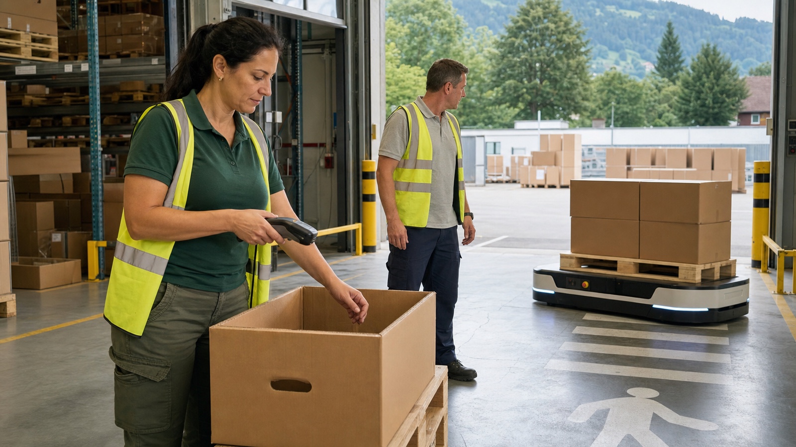 Erwachsene Logistikfachkräfte prüfen in einem sommerlichen österreichischen Verteilzentrum einen KI-gestützten Lagerablauf