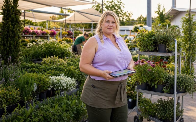 Blonde erwachsene Beschäftigte prüft in einem sommerlichen Gartencenter eine kurzfristige Dienstplanänderung