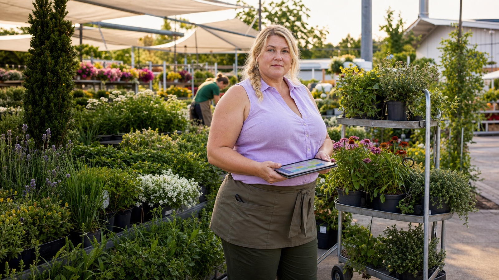 Blonde erwachsene Beschäftigte prüft in einem sommerlichen Gartencenter eine kurzfristige Dienstplanänderung