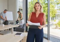 Blonde erwachsene Beschäftigte prüft nach einer beruflichen Weiterbildung eine Rückzahlungsvereinbarung