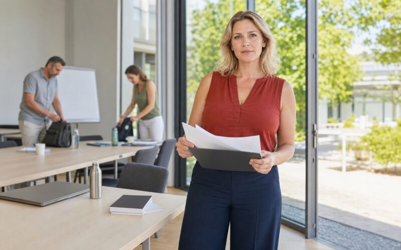 Blonde erwachsene Beschäftigte prüft nach einer beruflichen Weiterbildung eine Rückzahlungsvereinbarung
