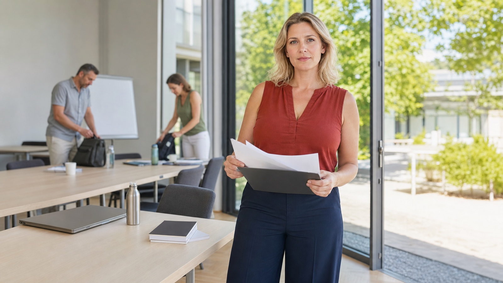 Blonde erwachsene Beschäftigte prüft nach einer beruflichen Weiterbildung eine Rückzahlungsvereinbarung