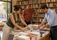 Erwachsene Beschäftigte und neue Inhaber arbeiten nach einem Betriebsübergang in einer sommerlichen österreichischen Buchhandlung weiter