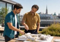 Zwei erwachsene Mitarbeiter besprechen auf einer sommerlichen Dachterrasse einen internen Wechsel in ein neues Team