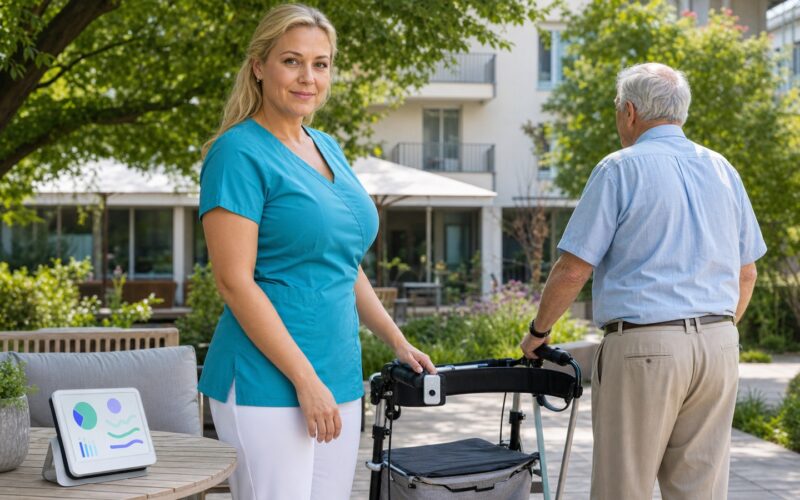 Blonde erwachsene Pflegefachkraft begleitet einen Senior in einem sommerlichen österreichischen Wohnumfeld mit digitaler Assistenz