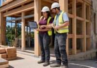Erwachsene Fachkräfte prüfen auf einer sommerlichen österreichischen Holzbaustelle eine KI-gestützte Baudokumentation
