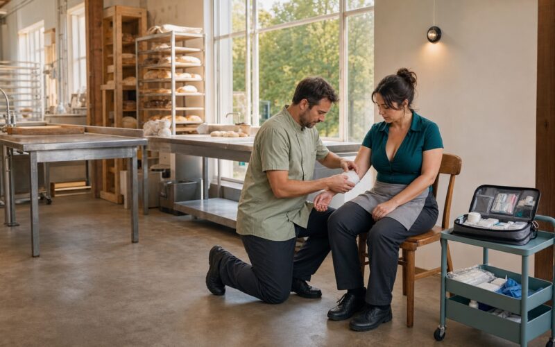 Dunkelhaarige erwachsene Beschäftigte erhält nach einem Arbeitsunfall in einer österreichischen Bäckerei Erste Hilfe