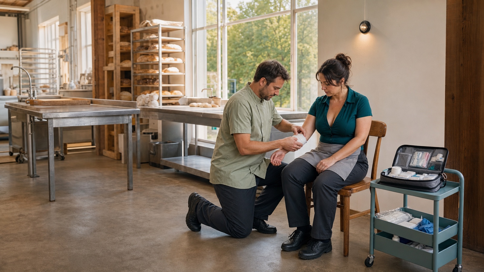 Dunkelhaarige erwachsene Beschäftigte erhält nach einem Arbeitsunfall in einer österreichischen Bäckerei Erste Hilfe