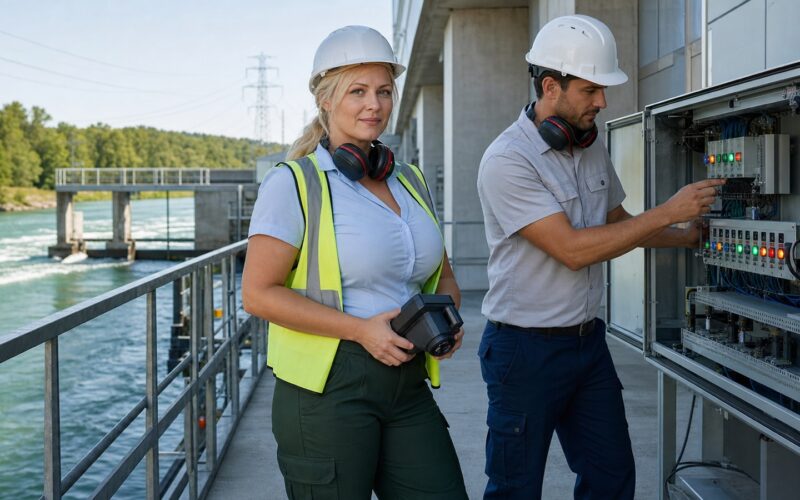 Blonde erwachsene Energietechnikerin prüft an einem sommerlichen österreichischen Wasserkraftwerk KI-gestützte Sensordaten