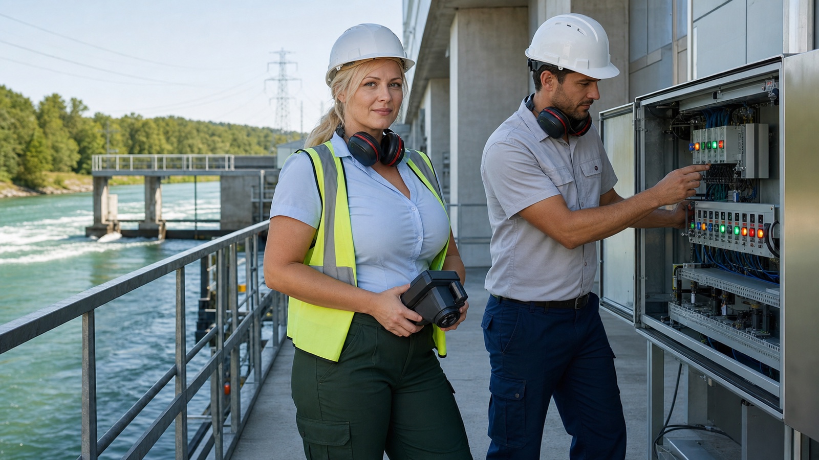 Blonde erwachsene Energietechnikerin prüft an einem sommerlichen österreichischen Wasserkraftwerk KI-gestützte Sensordaten