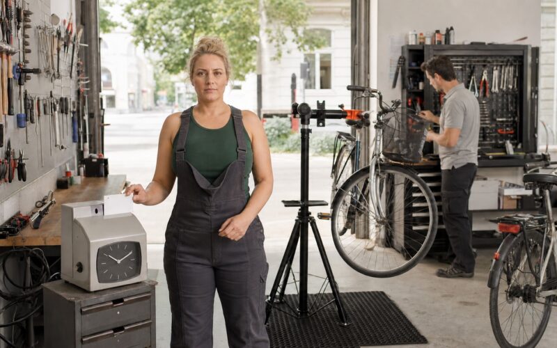 Blonde erwachsene Fahrradmechanikerin prüft in einer sommerlichen österreichischen Werkstatt ihr Arbeitszeitkonto