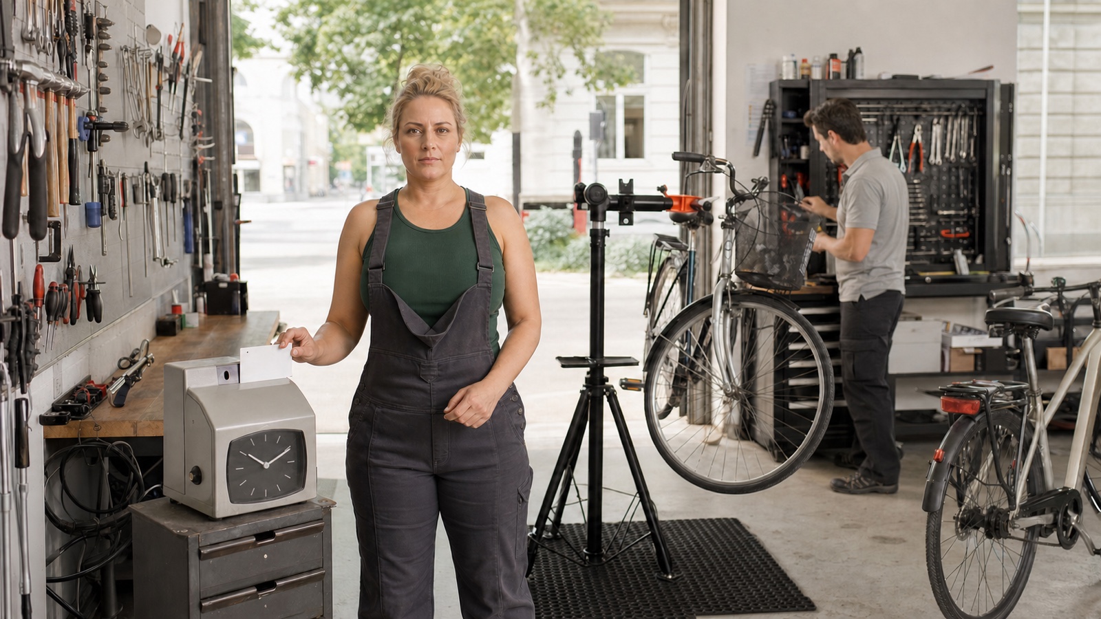 Blonde erwachsene Fahrradmechanikerin prüft in einer sommerlichen österreichischen Werkstatt ihr Arbeitszeitkonto