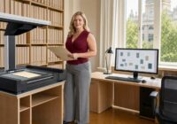 Blonde erwachsene Verwaltungsmitarbeiterin prüft in einem sommerlichen österreichischen Bürgerbüro einen KI-unterstützten Vorgang