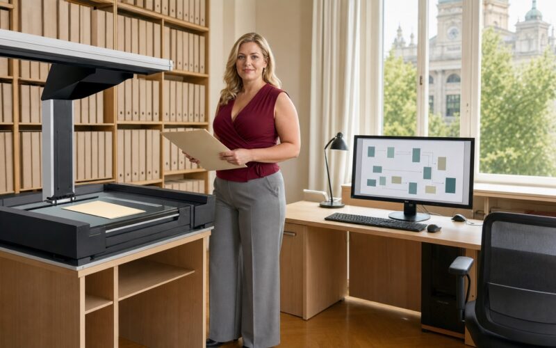 Blonde erwachsene Verwaltungsmitarbeiterin prüft in einem sommerlichen österreichischen Bürgerbüro einen KI-unterstützten Vorgang