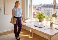 Blonde adult employee is planning her parental part-time in a summery Austrian home office
