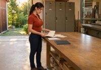 Dark-haired adult employee sorts documents in a summery workshop following an employer insolvency