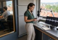 Dark-haired adult radio journalist reviews an AI-assisted audio report in a summery Austrian news studio