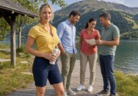 Blonde erwachsene Beschäftigte bei einem sommerlichen Betriebsausflug mit ihrem Team in Österreich