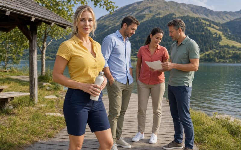 Blonde erwachsene Beschäftigte bei einem sommerlichen Betriebsausflug mit ihrem Team in Österreich