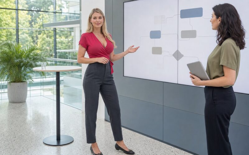 Blonde erwachsene Bewerberin erklärt in einem sommerlichen österreichischen Vorstellungsgespräch ihre praktische KI-Kompetenz