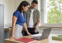 Dark-haired adult employee discusses the safe use of AI with an IT colleague in an Austrian office