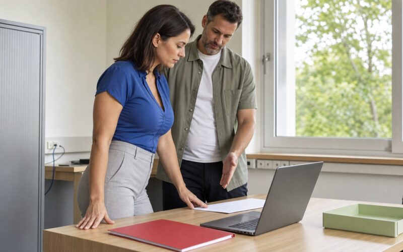 Dark-haired adult employee discusses the safe use of AI with an IT colleague in an Austrian office