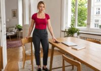 Blonde erwachsene Bewerberin stoppt in einer sommerlichen Wiener Wohnung einen verdächtigen digitalen Recruiting-Kontakt