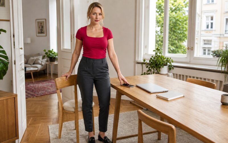 Blonde erwachsene Bewerberin stoppt in einer sommerlichen Wiener Wohnung einen verdächtigen digitalen Recruiting-Kontakt