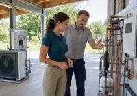 Dunkelhaarige erwachsene Lehrstellensuchende erkundet an einem Sommertag moderne Installations- und Energietechnik in Österreich