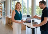 Blonde erwachsene Beschäftigte testet assistive KI für barrierefreie Kommunikation an einem österreichischen Arbeitsplatz