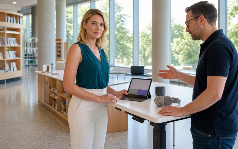 Blonde erwachsene Beschäftigte testet assistive KI für barrierefreie Kommunikation an einem österreichischen Arbeitsplatz
