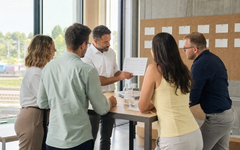 Adult team leader explaining a responsible AI policy to colleagues in an Austrian office