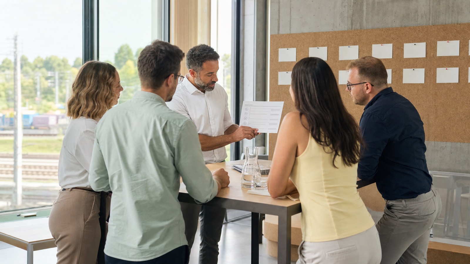 Adult team leader explaining a responsible AI policy to colleagues in an Austrian office