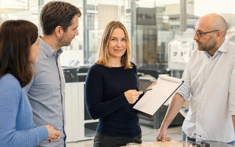 Erwachsene Führungskraft bespricht mit einem österreichischen Team eine verantwortungsvolle KI-Checkliste