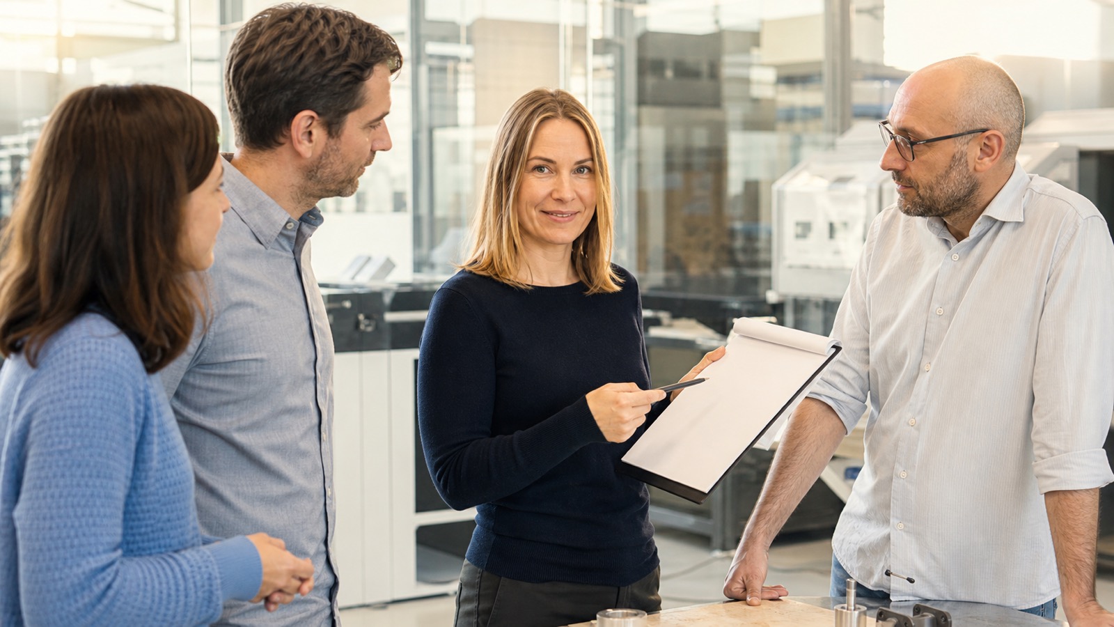 Erwachsene Führungskraft bespricht mit einem österreichischen Team eine verantwortungsvolle KI-Checkliste