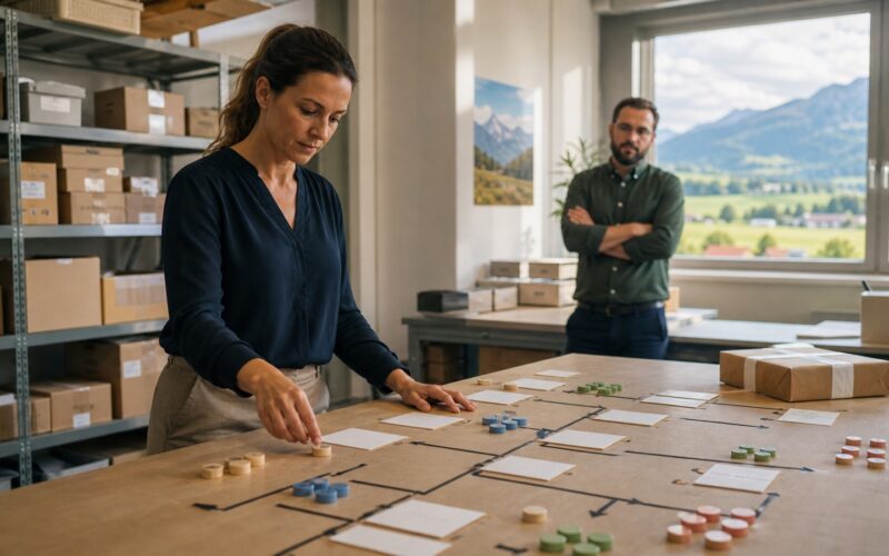 An adult Austrian operations specialist reviews a multi-stage workflow for an AI agent in a bright logistics office